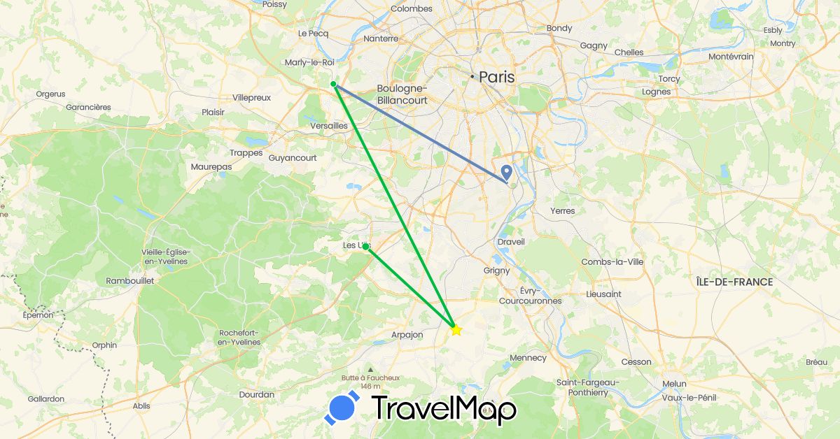 TravelMap itinerary: driving, bus, cycling in France (Europe)
